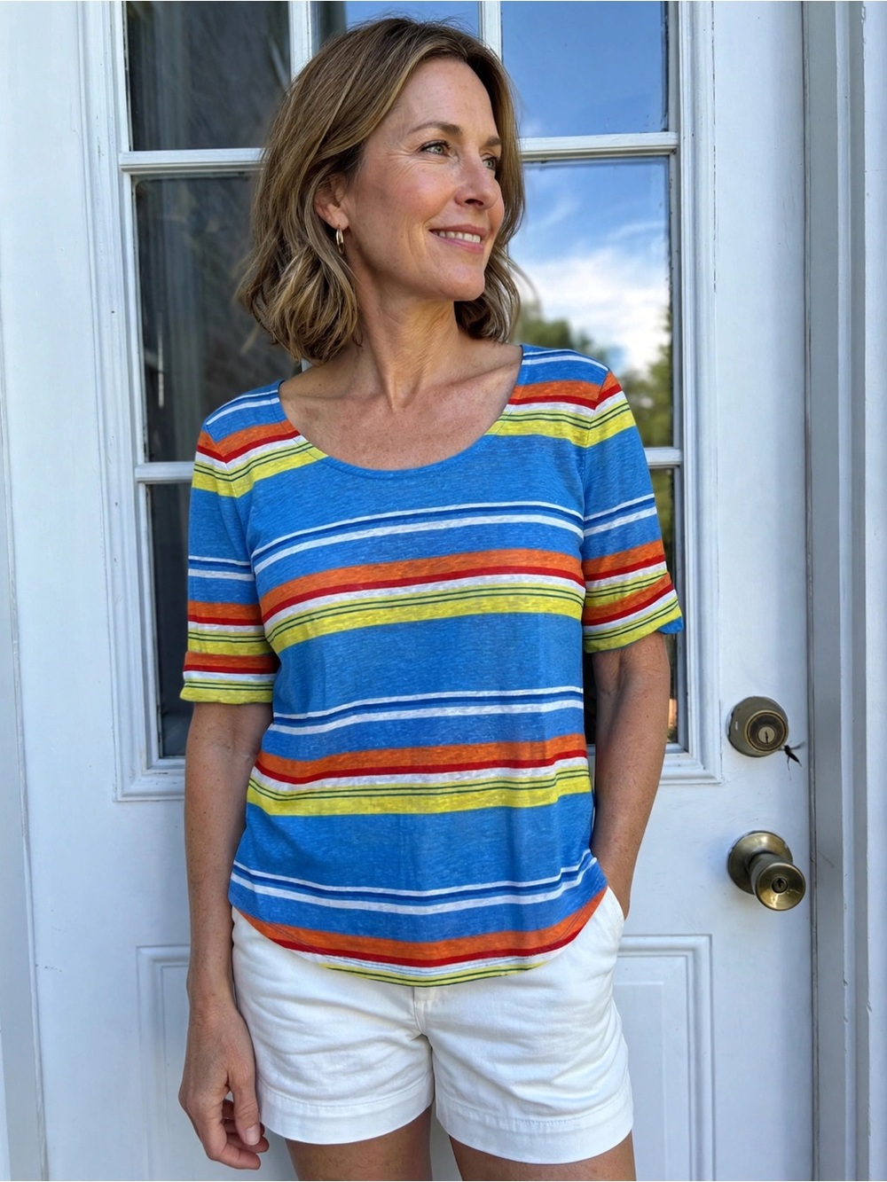 Lauren Ralph Lauren 100% Linen Striped 3/4 Sleeve Top XL Blue Orange Resort Wear